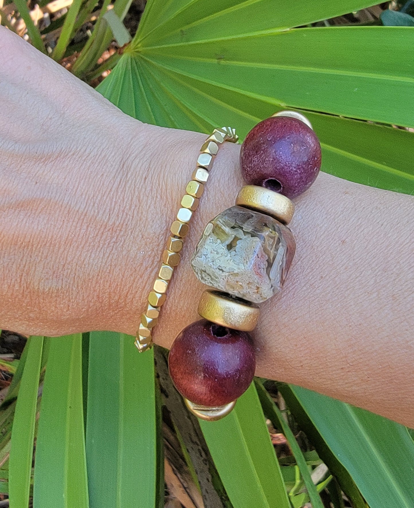 Burgundy Wooden and Natural Stone Bead Bracelet