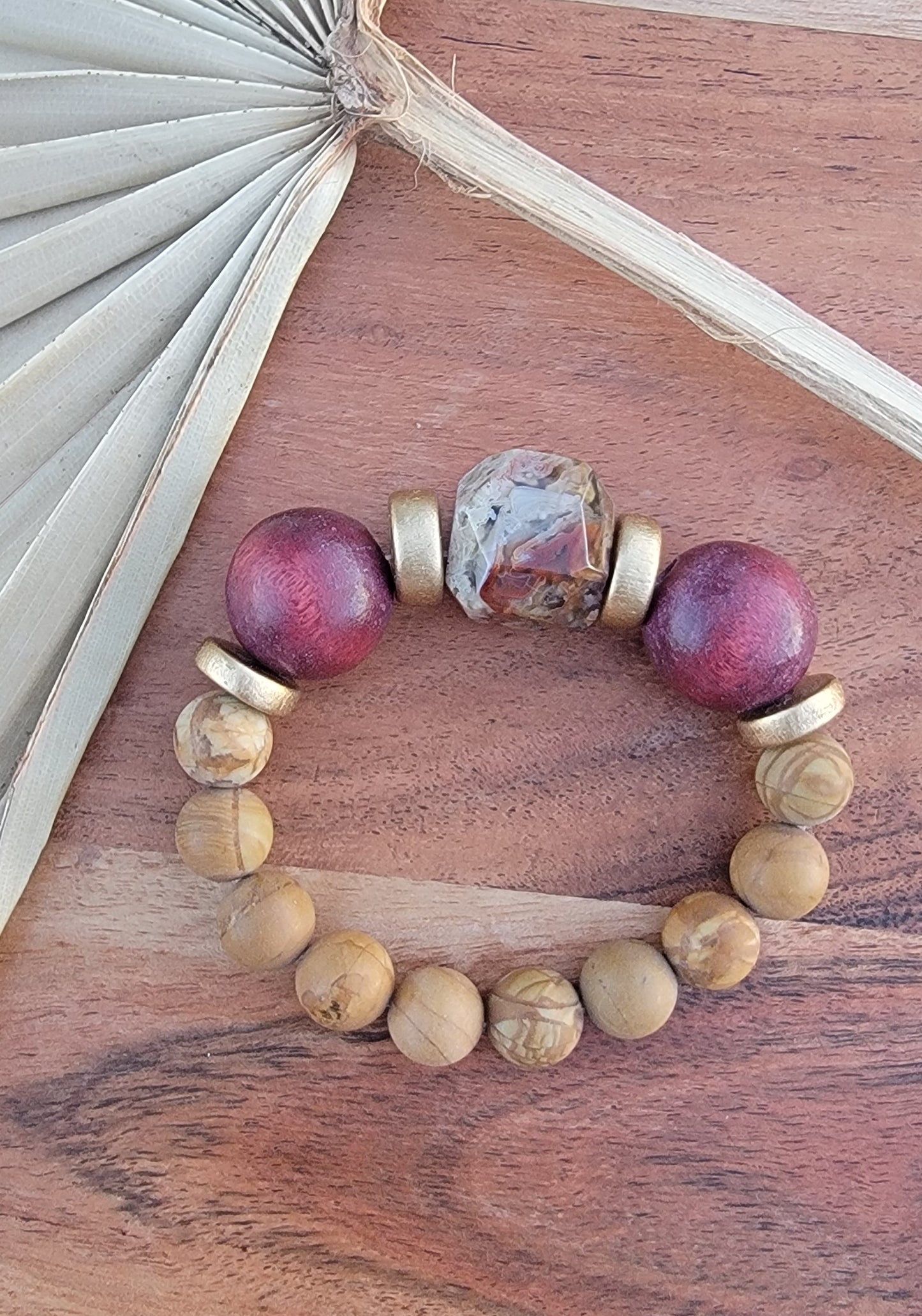 Burgundy Wooden and Natural Stone Bead Bracelet