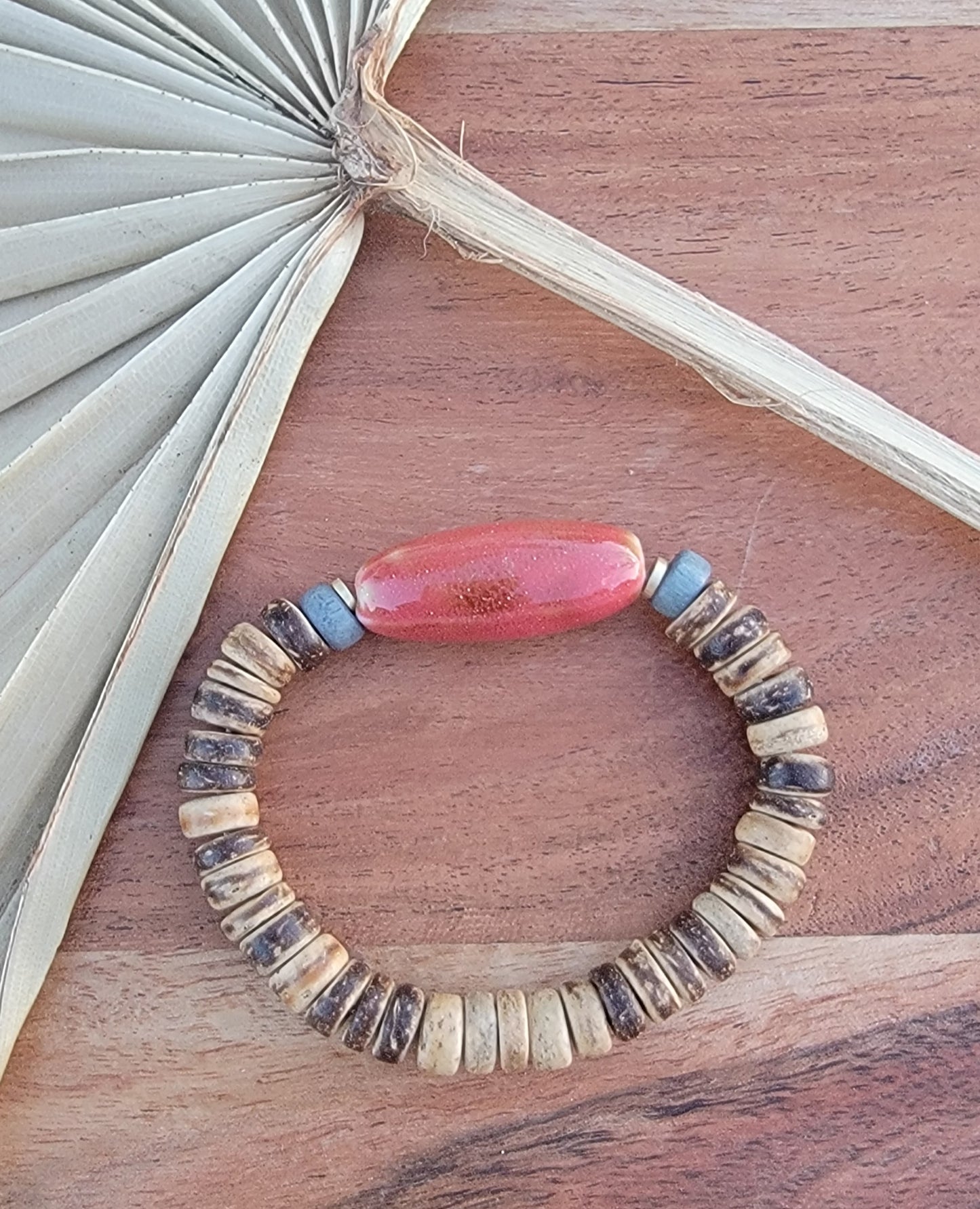 Coral Ceramic and Coconut Shell Bead Bracelet