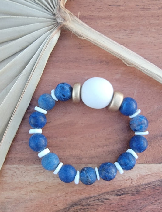 Blue Stone and White Wooden Bead Bracelet