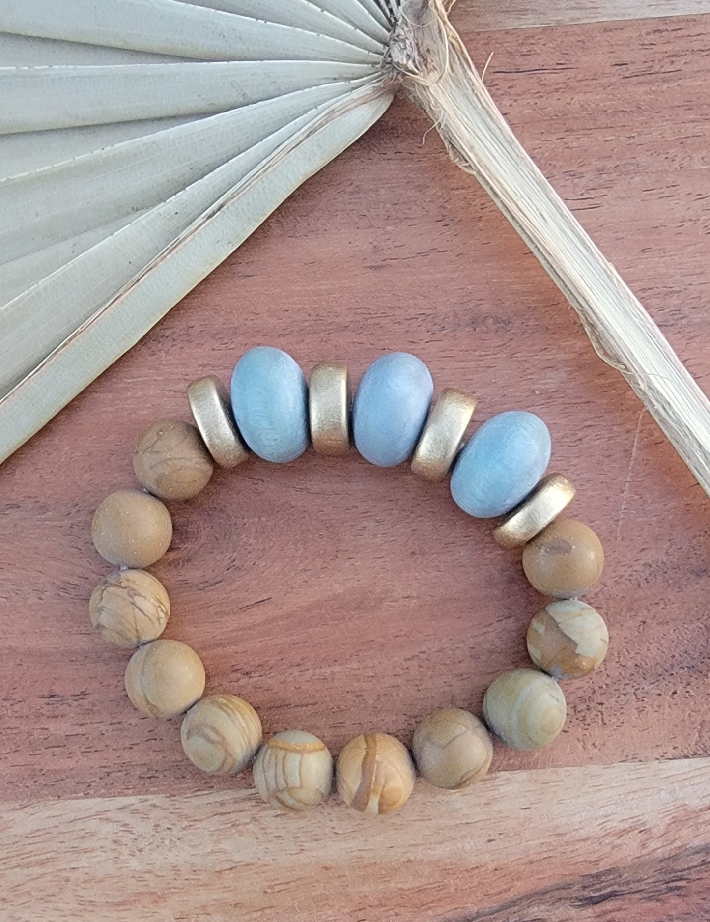 Smokey Gray and Golden Wooden Bead Bracelet