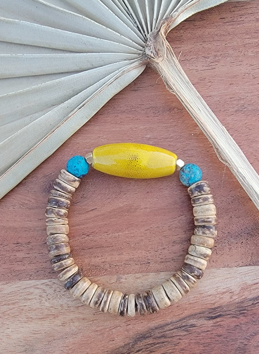 Mustard Yellow Ceramic and Turquoise Bead Bracelet