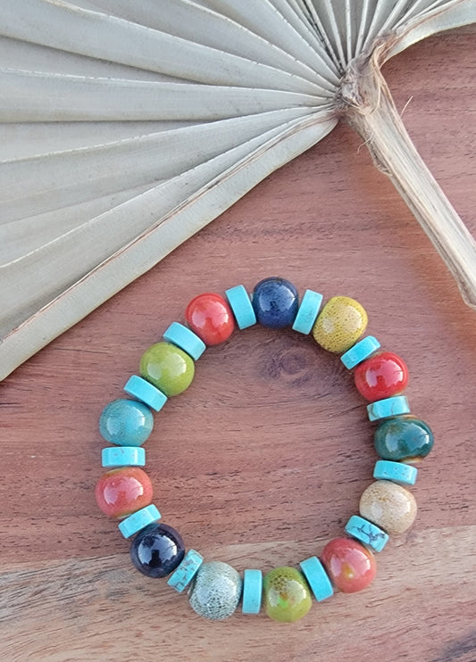 Multi-color Ceramic and Genuine Turquoise Bead Bracelet