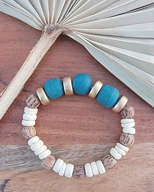 Teal Glass and Palm Wood Bead Bracelet