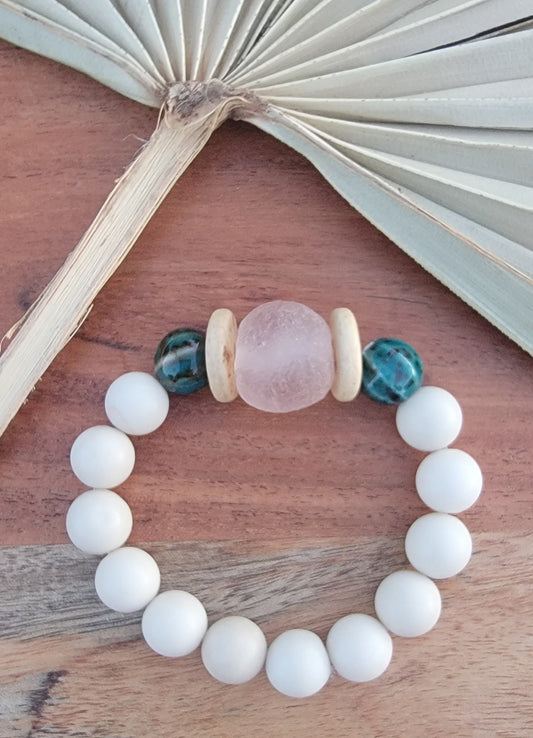 Pink Glass and Teal Bead Bracelet