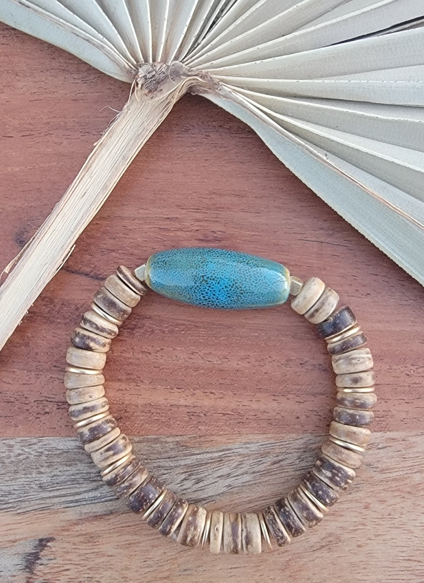 Ceramic Aqua and Coconut Shell Bead Bracelet