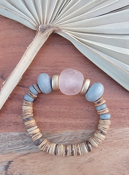 Pink Glass and Smokey Gray Wooden Bead Bracelet