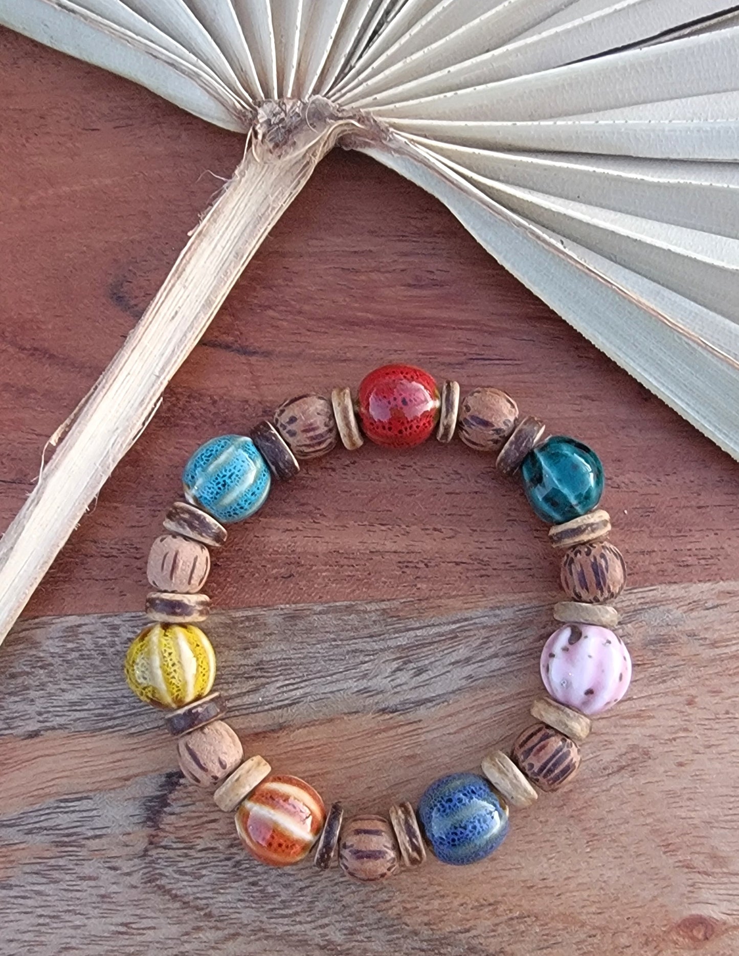 Colorful Boho Palm Wood Bead Bracelet