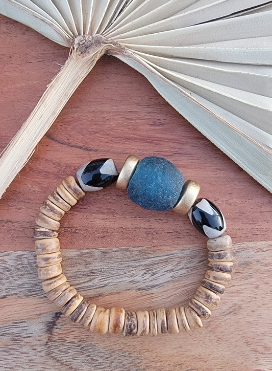 Teal Glass and Black and White Stone Bead Bracelet