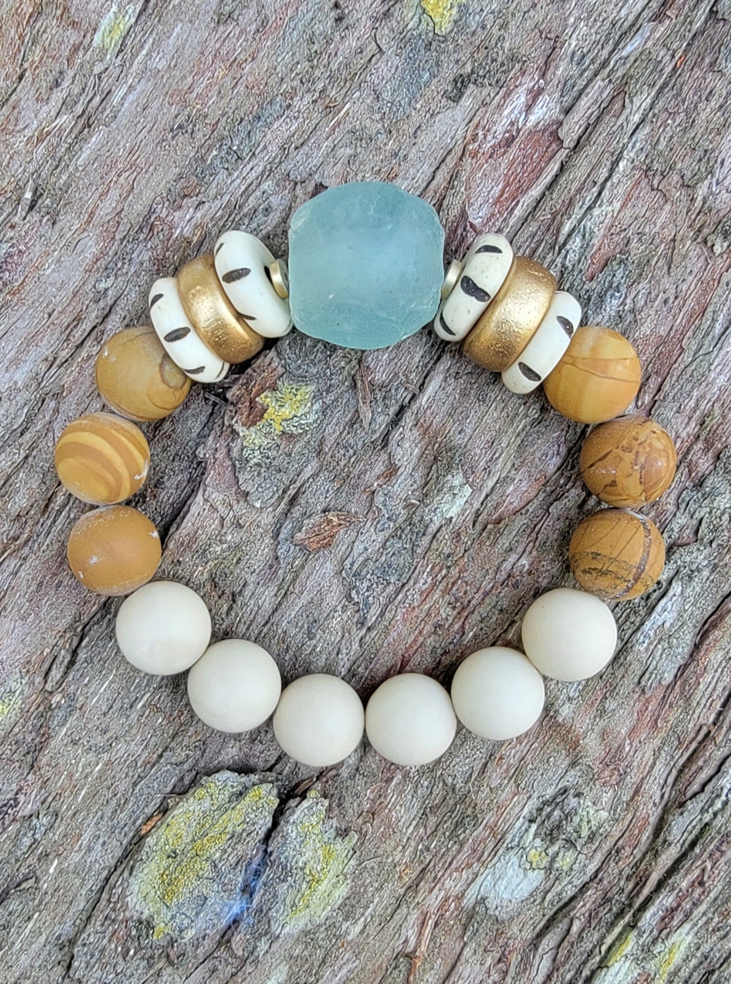 Sea Glass and Bone Beaded Bracelet
