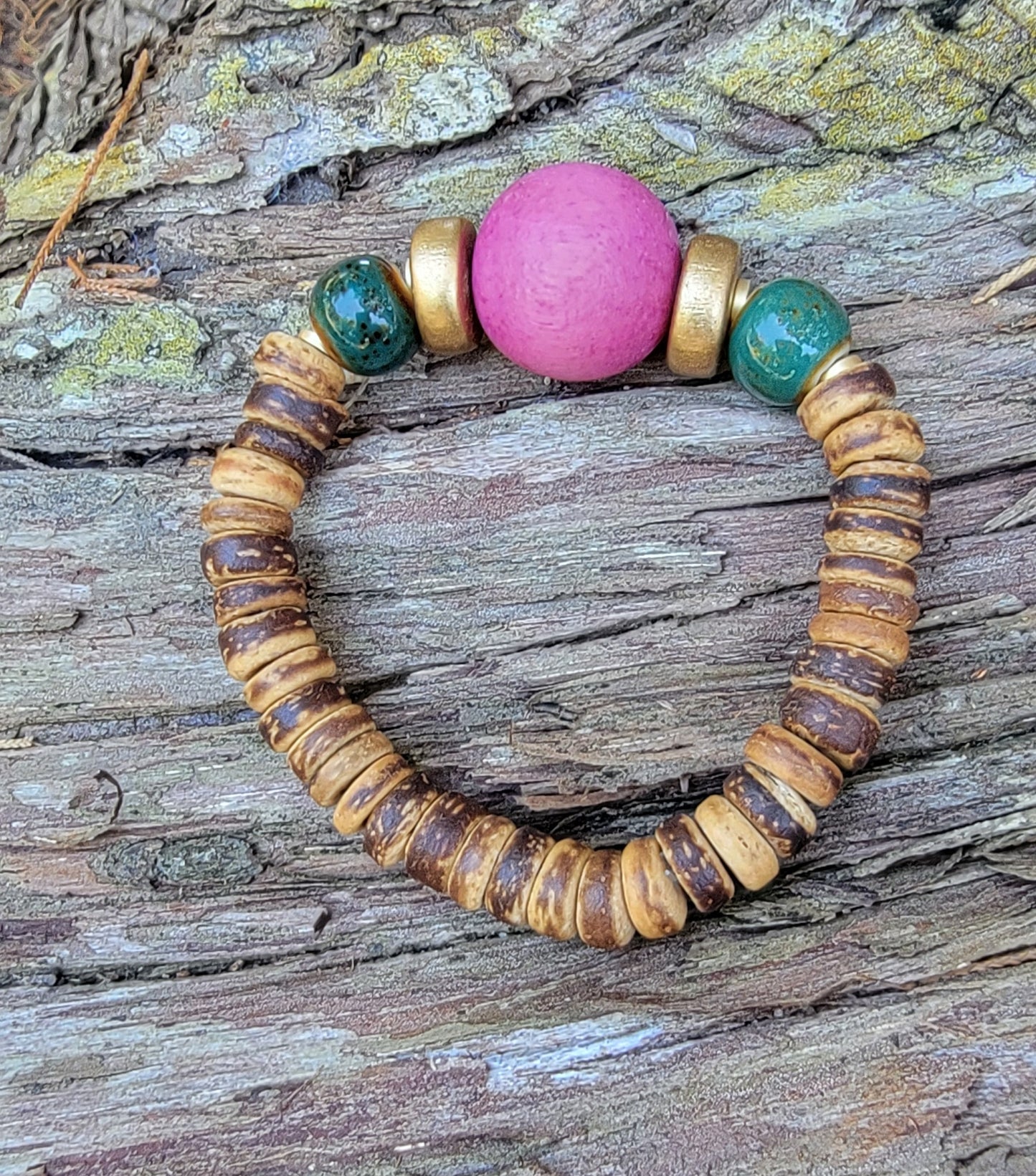 Pink and Green Boho Beach Beaded Bracelet