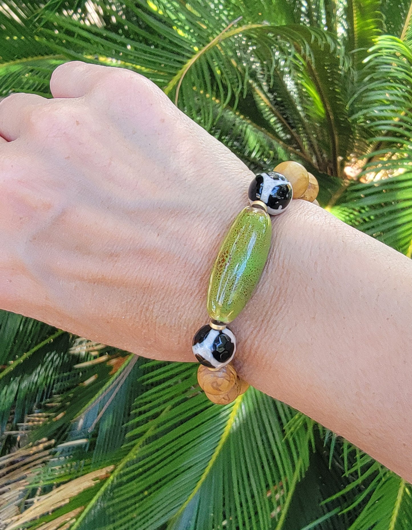 Green and Black Beaded Stone Bracelet