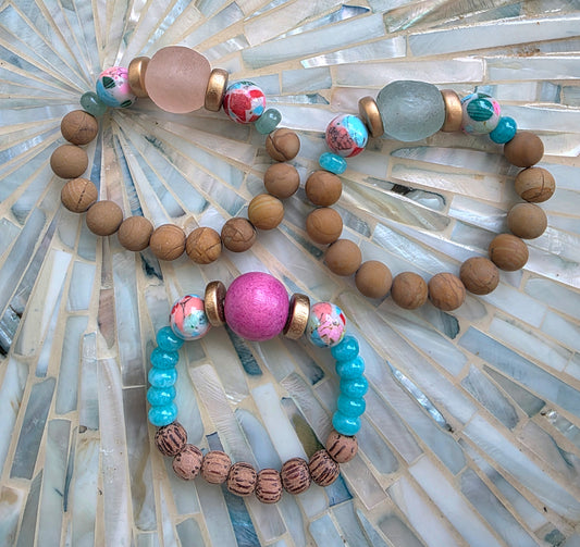 Handmade Pink and Blue Boho Bead Bracelet