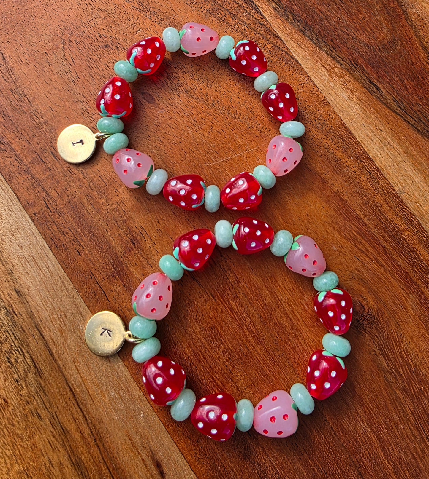 Strawberry Bead Bracelet with Initial Charm