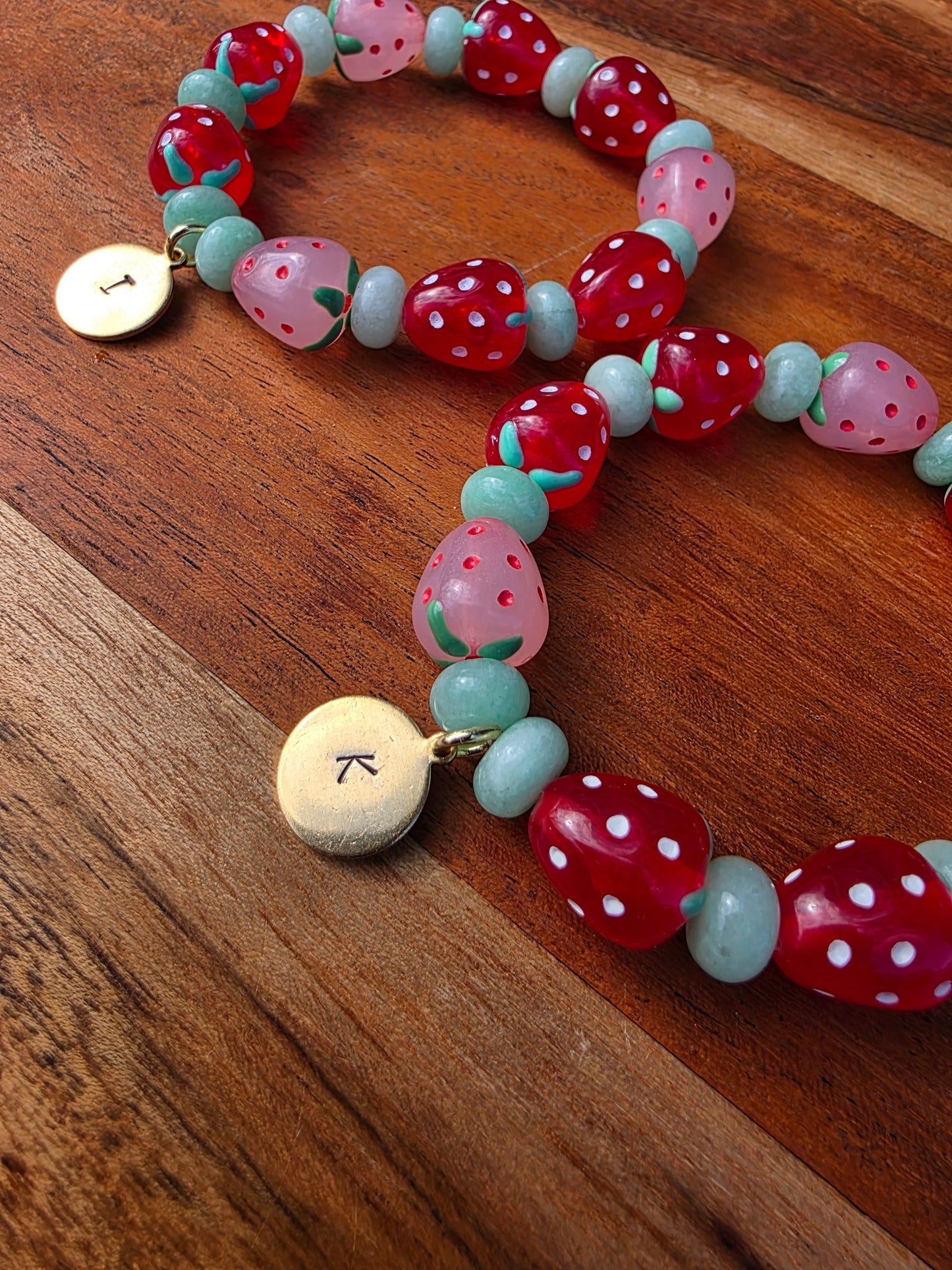Strawberry Bead Bracelet with Initial Charm