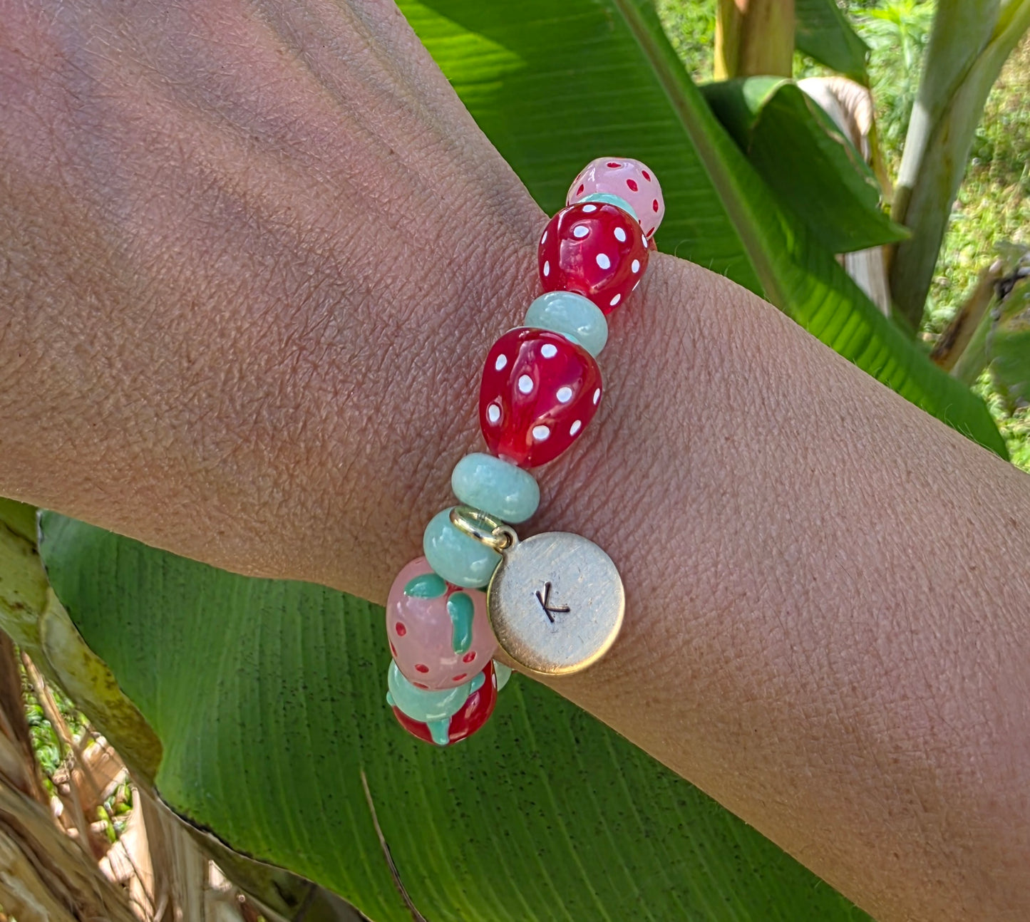 Strawberry Bead Bracelet with Initial Charm