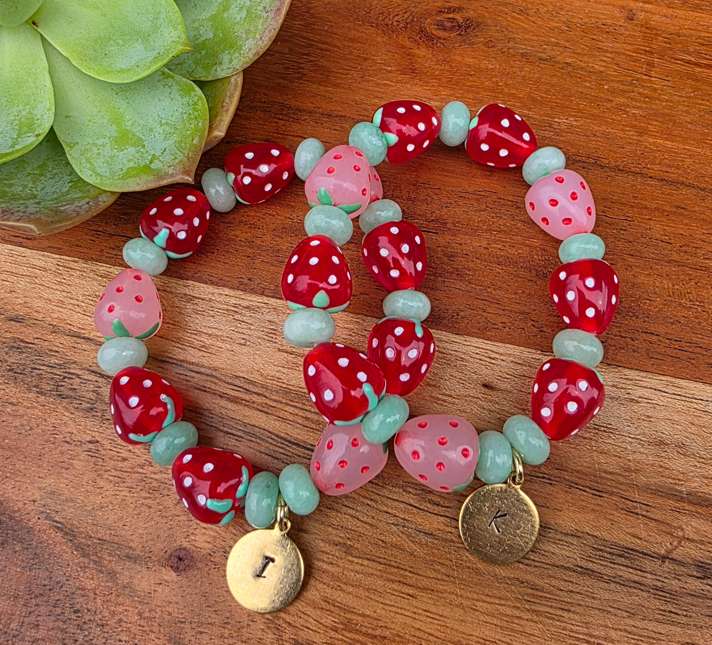 Strawberry Bead Bracelet with Initial Charm