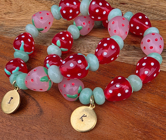 Strawberry Bead Bracelet with Initial Charm
