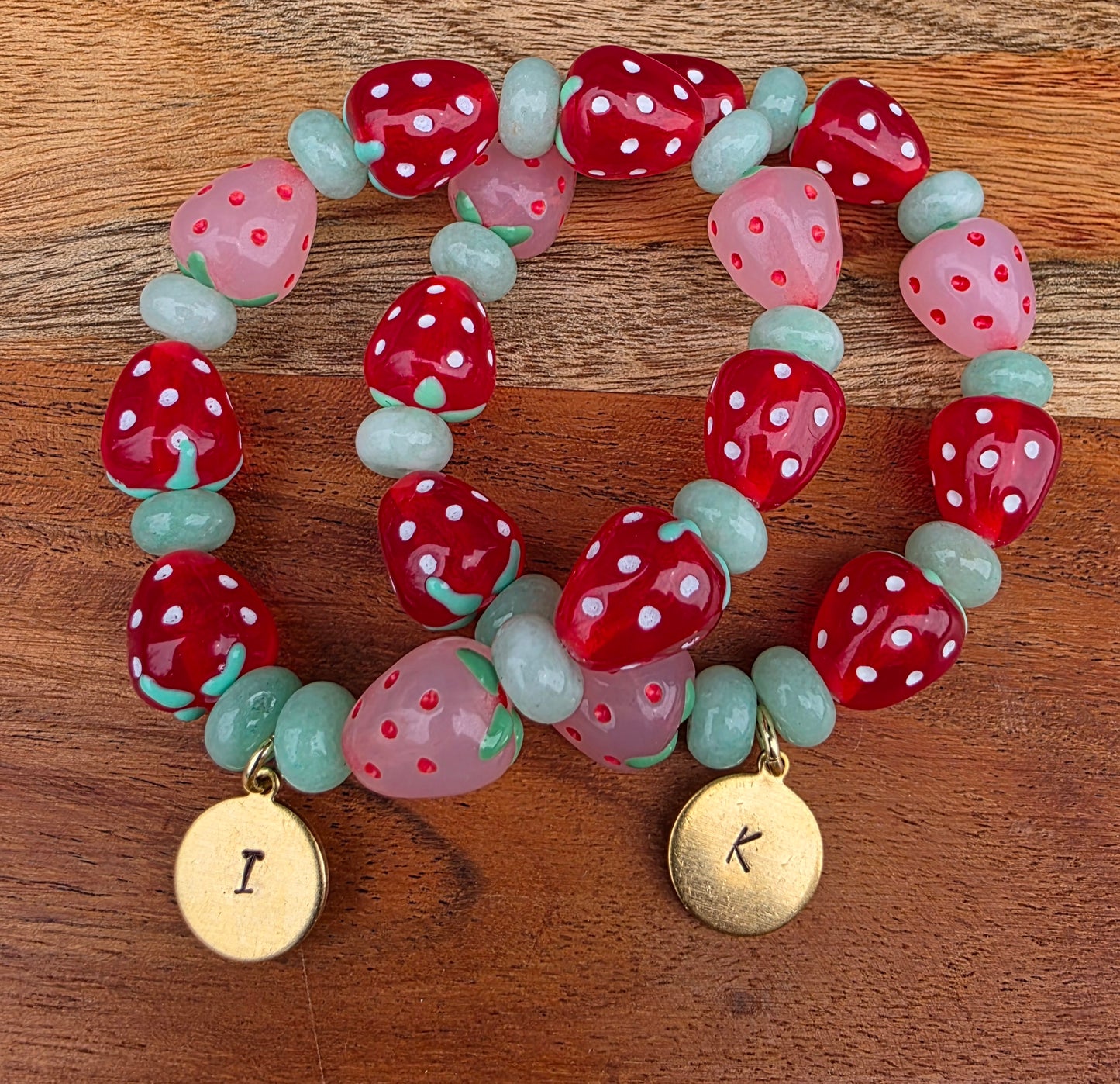 Strawberry Bead Bracelet with Initial Charm
