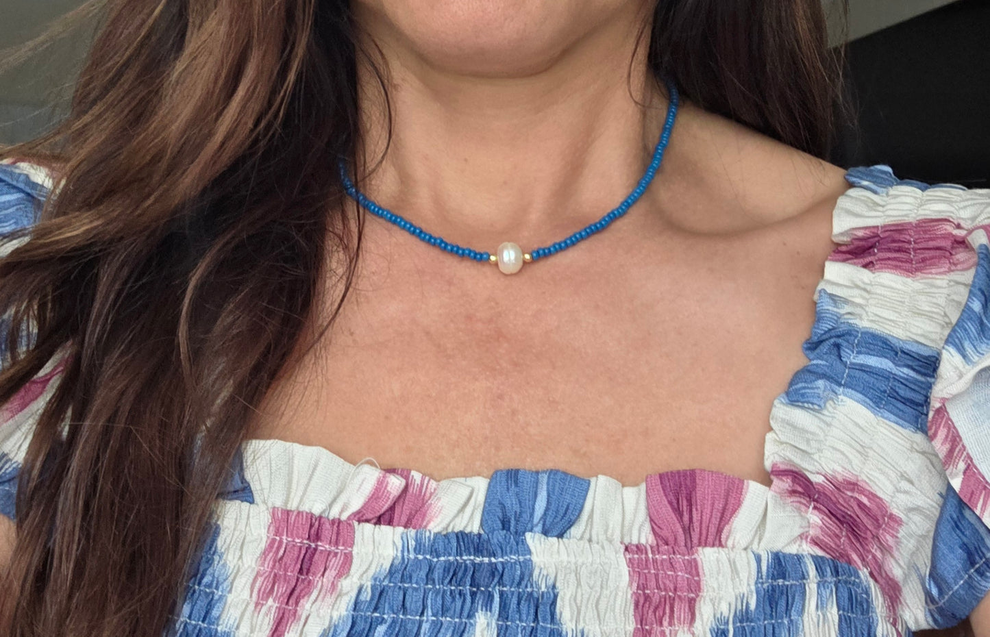 Handmade Blue Glass Seed Bead and Pearl Accent Necklace