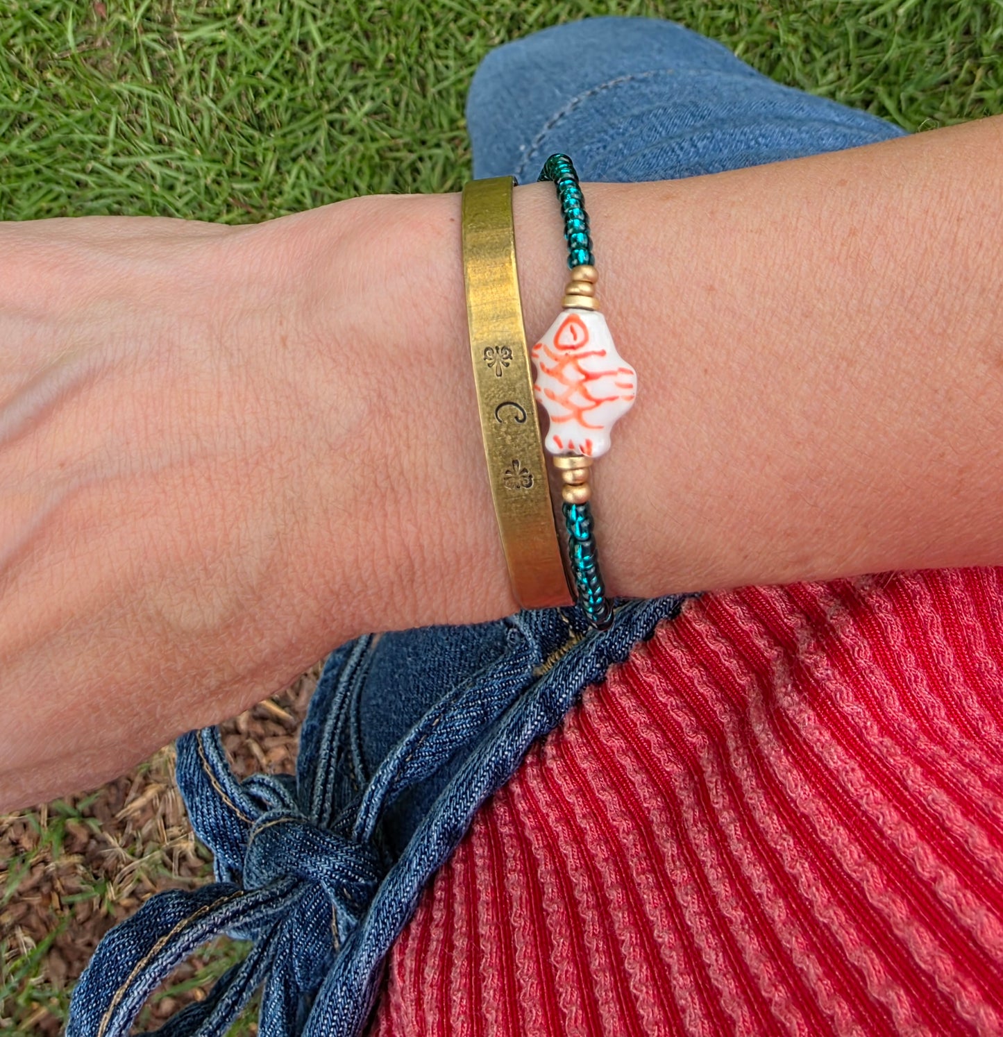 Hand Painted Orange Fish Bead Bracelet
