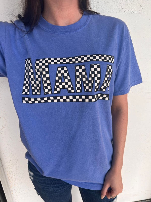 Blue Checkered Mama Tee