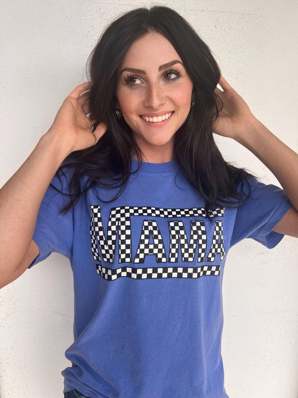 Blue Checkered Mama Tee