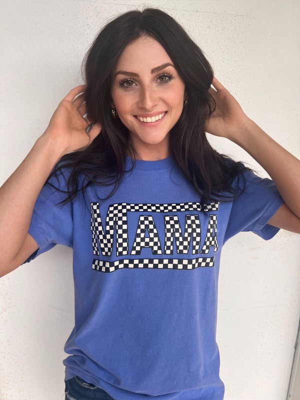 Blue Checkered Mama Tee