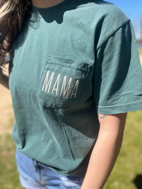 Embroidered Mama Pocket Tee - Blue Spruce