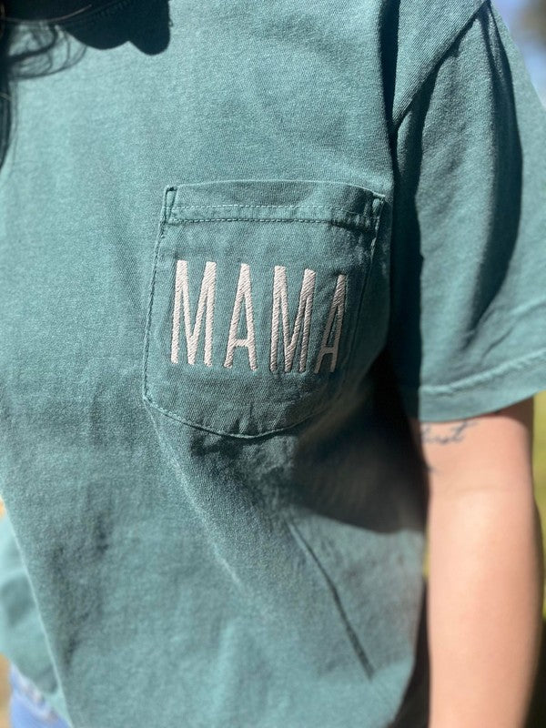 Embroidered Mama Pocket Tee - Blue Spruce