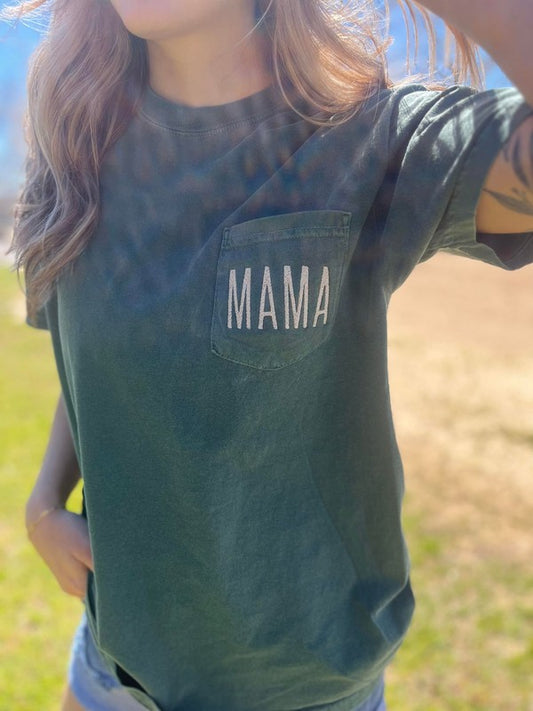 Embroidered Mama Pocket Tee - Blue Spruce