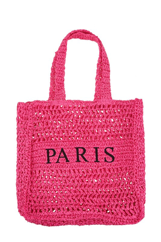 PARIS Embroidery Straw Tote Bag