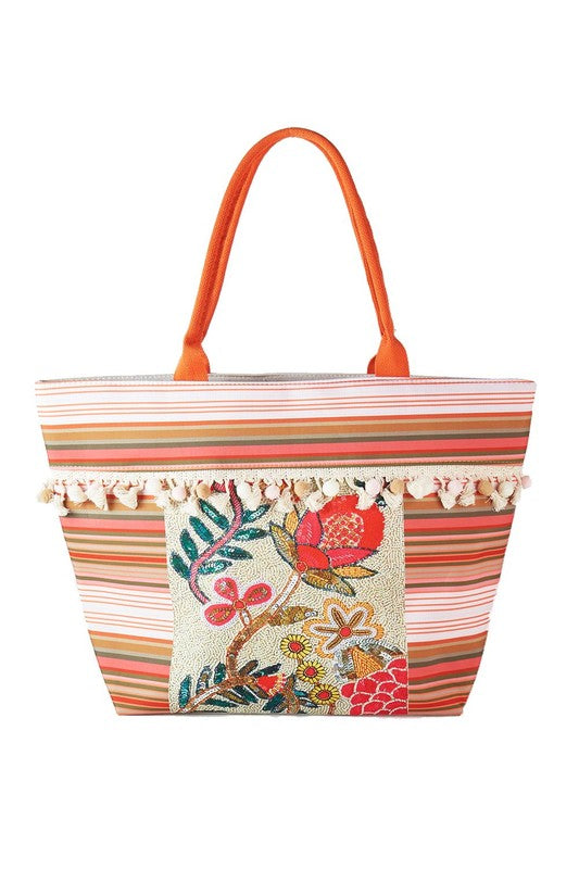 Various Flower and Tassel Beaded Tote Bag