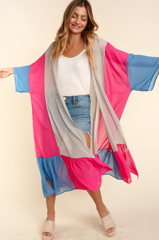 Color Block Kimono Maxi Open Oversized Cardigan