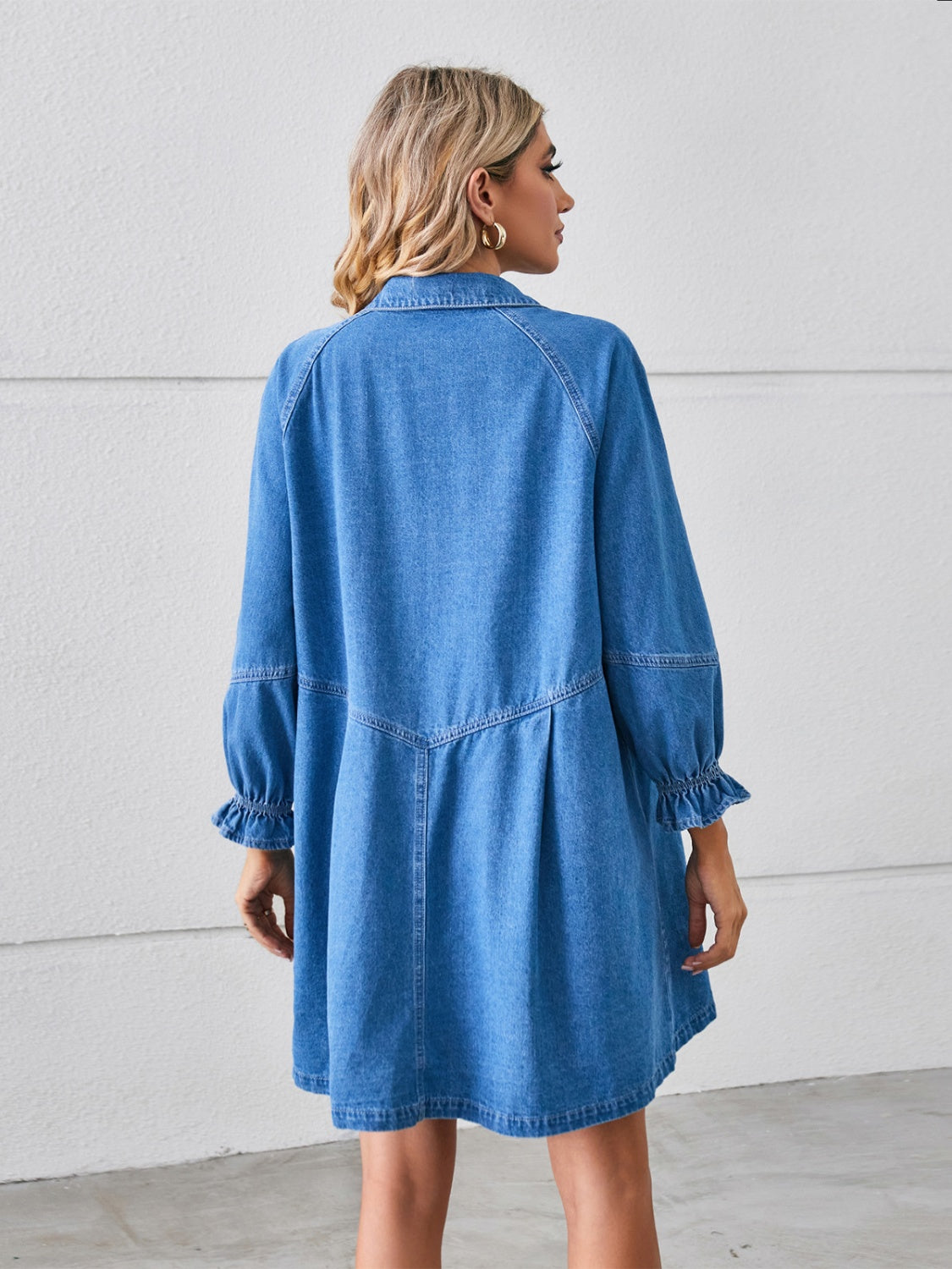 Button Up Flounce Sleeve Mini Denim Dress – Boho Fringe Button Up Flounce Sleeve Mini Denim Dress – Boho Fringe