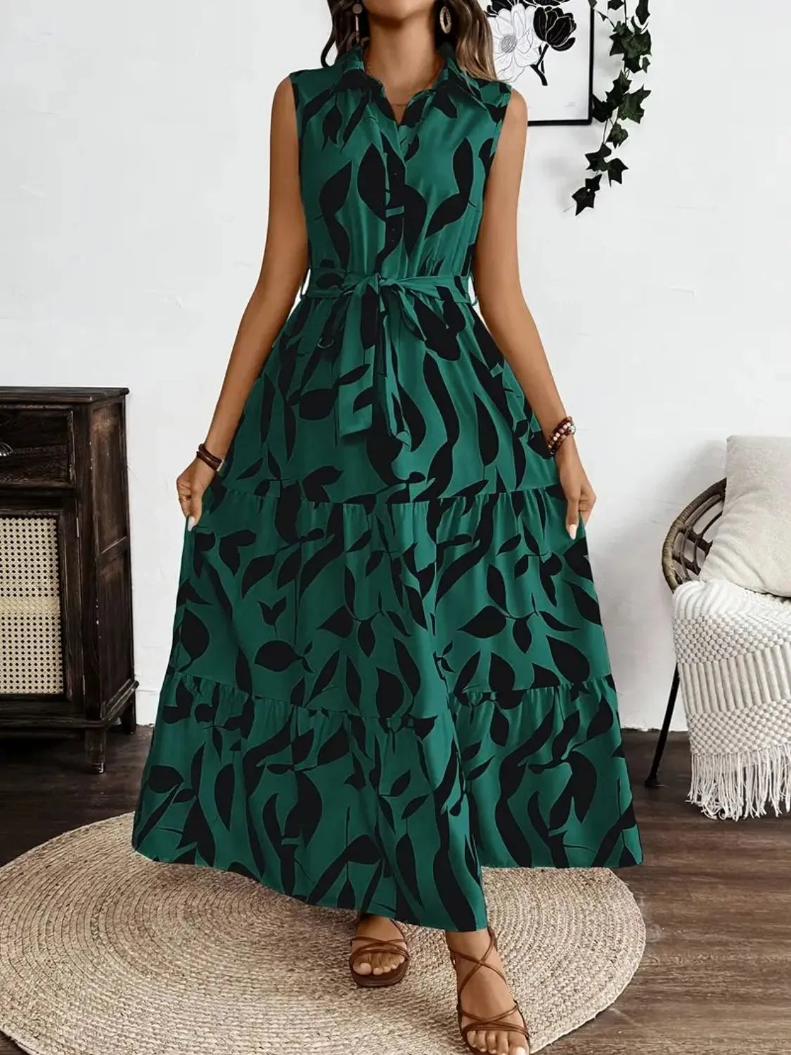 Printed Tie Waist Sleeveless Maxi Dress – Boho Fringe