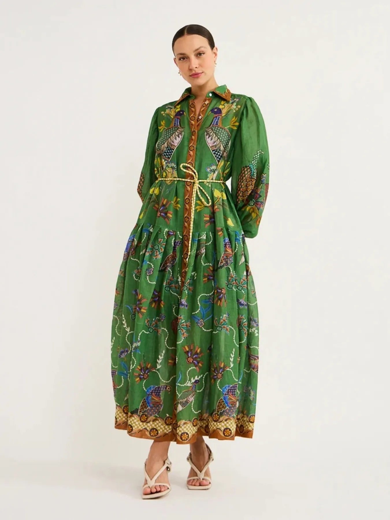chinese dress ladies Printed Lantern Sleeve Maxi Shirt Dress – Boho Fringe