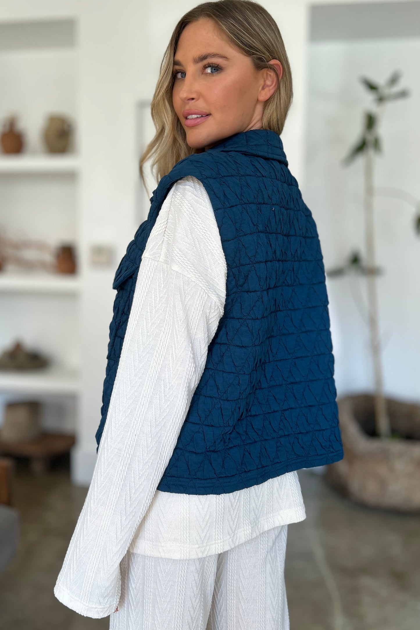 Double Take Pocketed Texture Snap Down Vest Coat