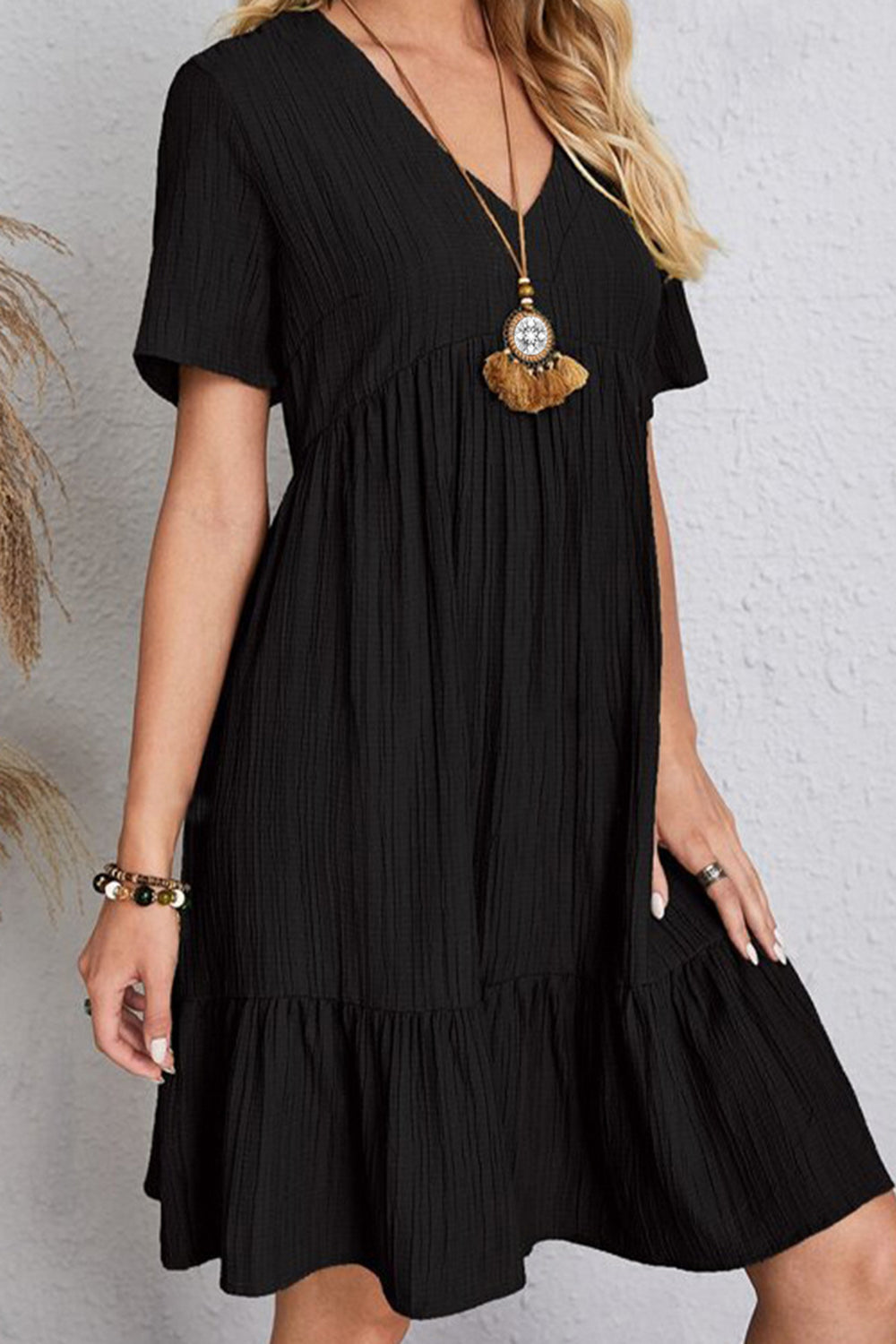 Ruched V-Neck Short Sleeve Dress