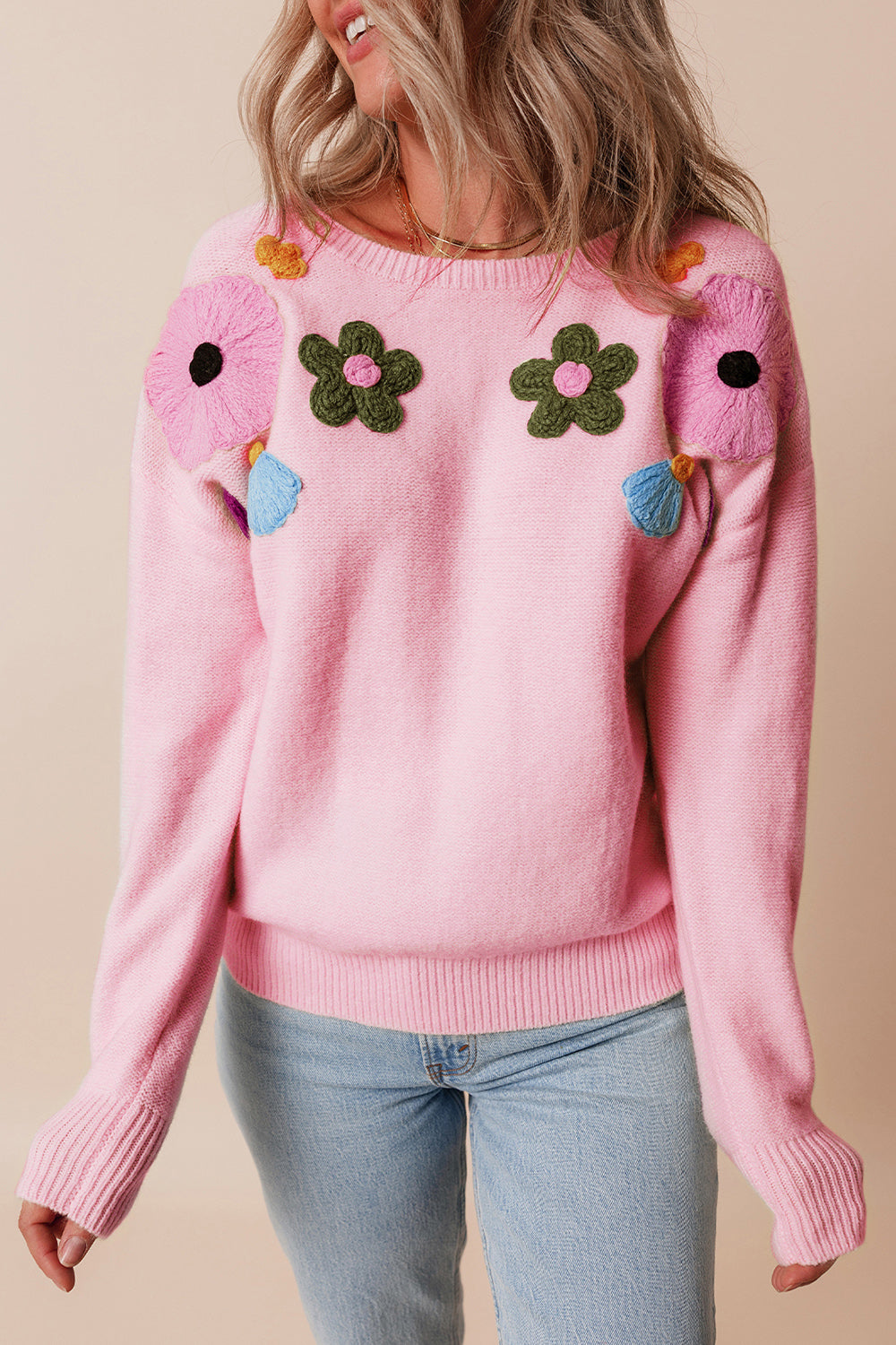 Crochet Flower Round Neck Dropped Shoulder Sweater