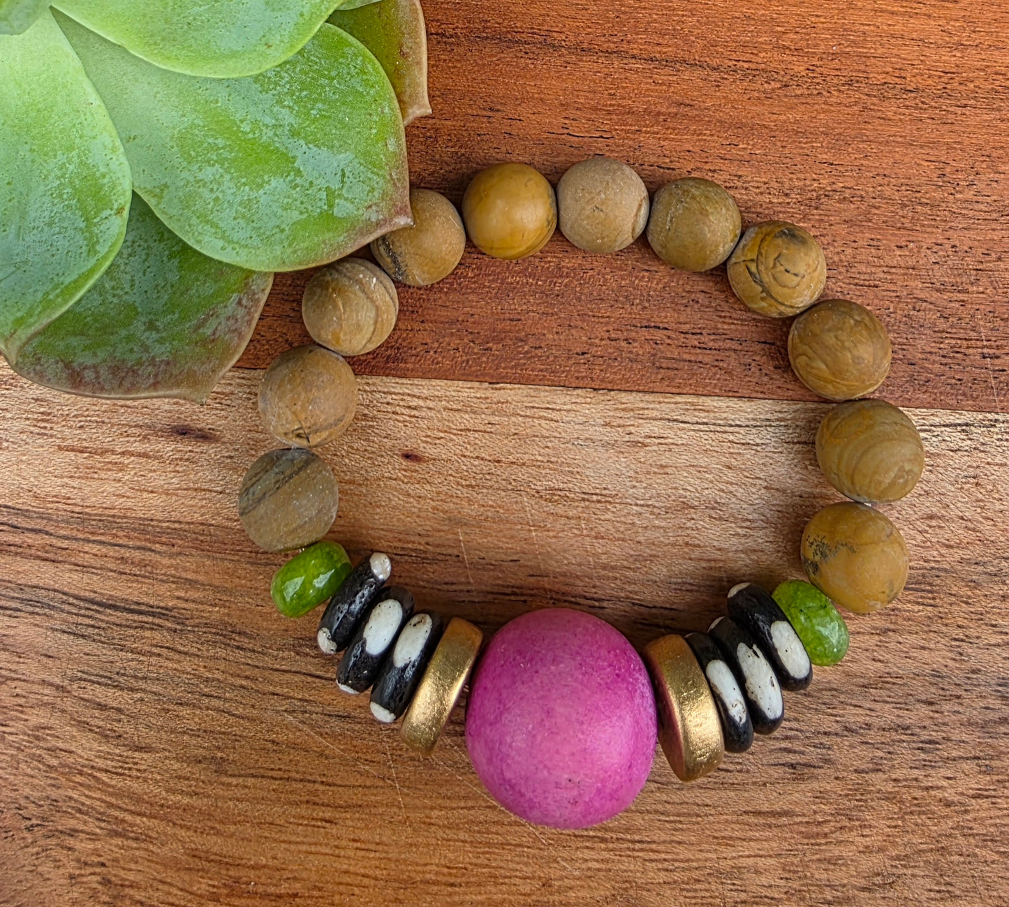 Handmade Fuchsia Pink and Green Earrings and Bracelet Set