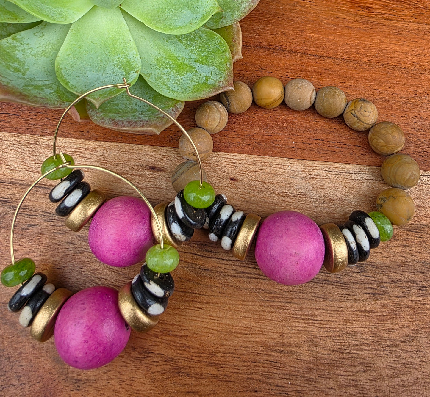 Handmade Fuchsia Pink and Green Earrings and Bracelet Set