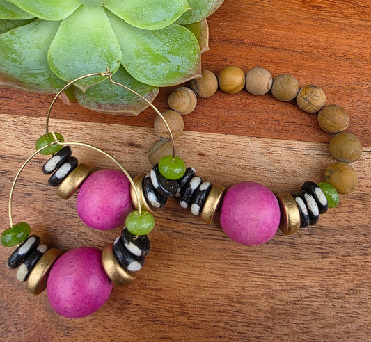 Handmade Fuchsia Pink and Green Earrings and Bracelet Set