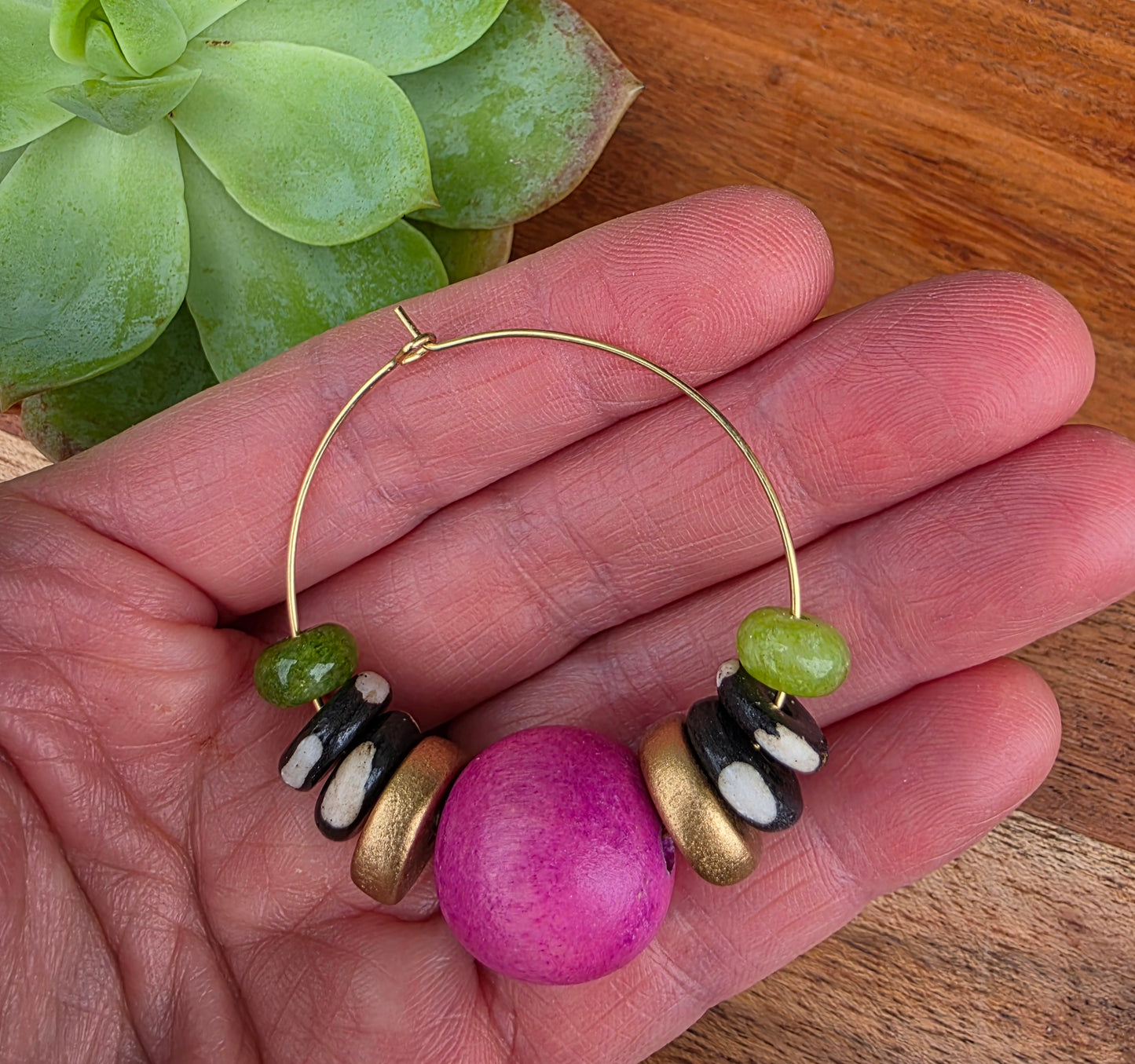 Handmade Fuchsia Pink and Green Earrings and Bracelet Set