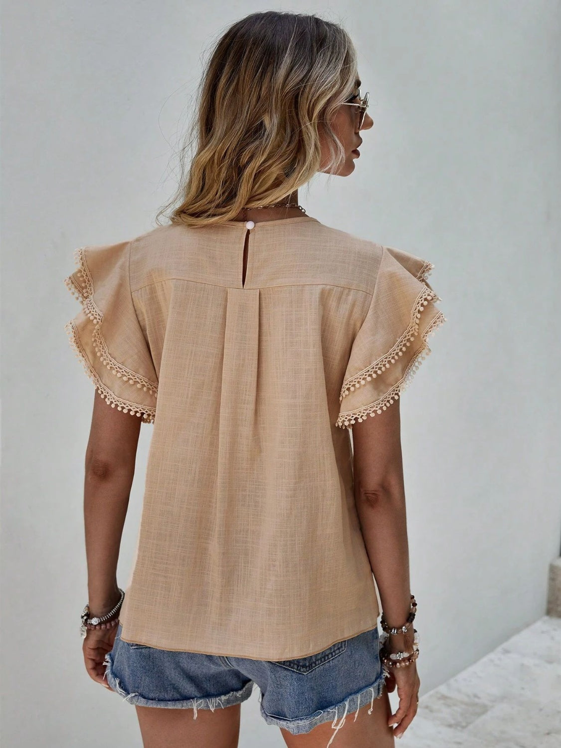 Ruffled Cap Sleeve Round Neck Blouse