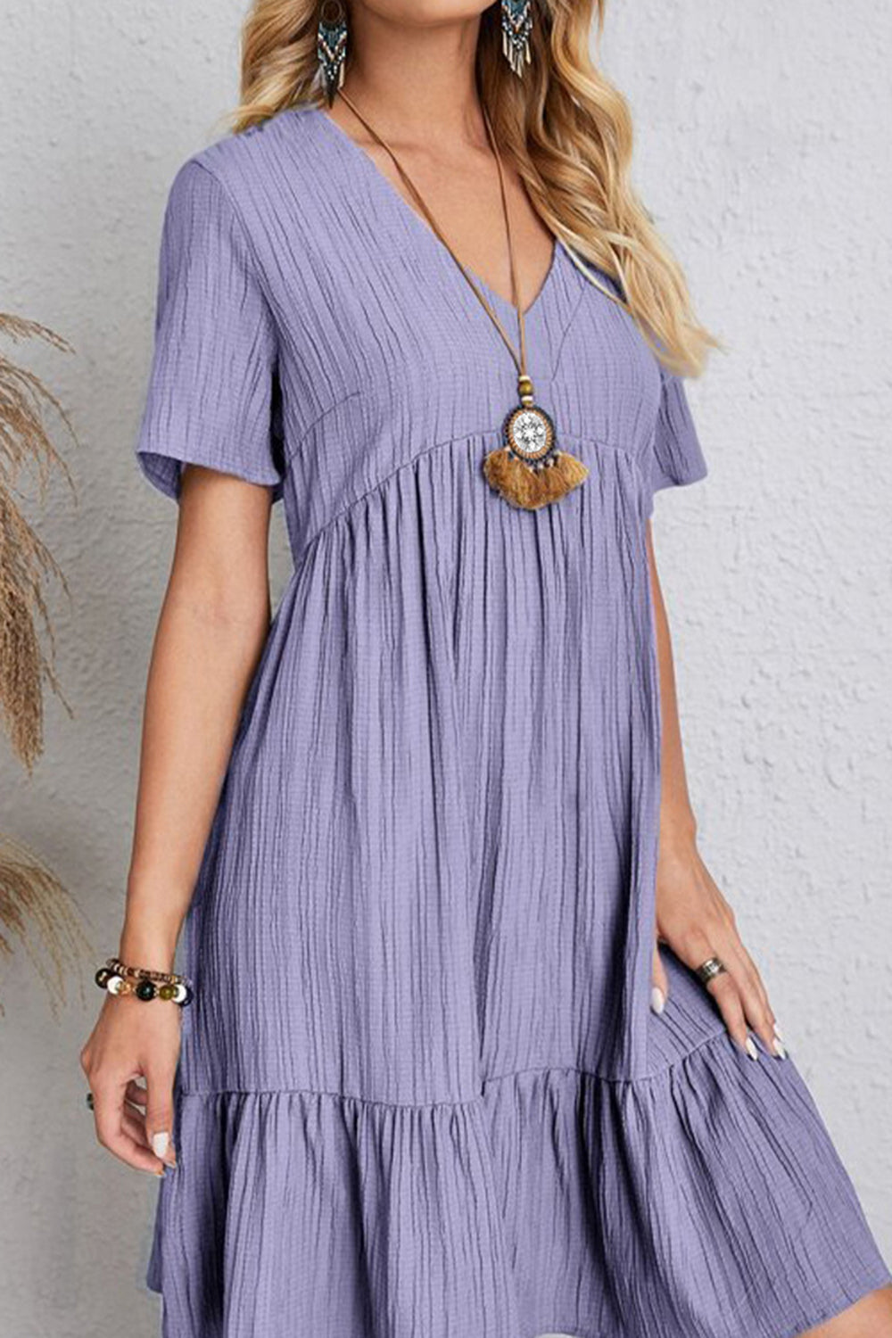 Ruched V-Neck Short Sleeve Dress