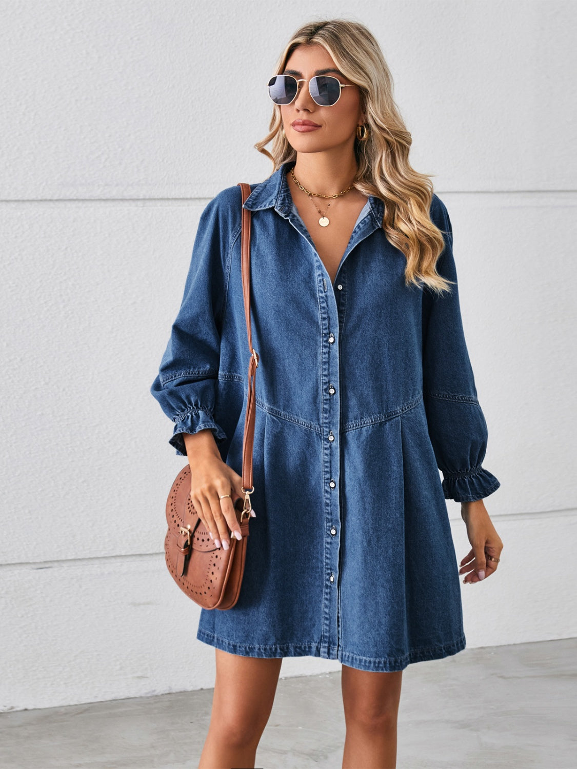 Button Up Flounce Sleeve Mini Denim Dress – Boho Fringe