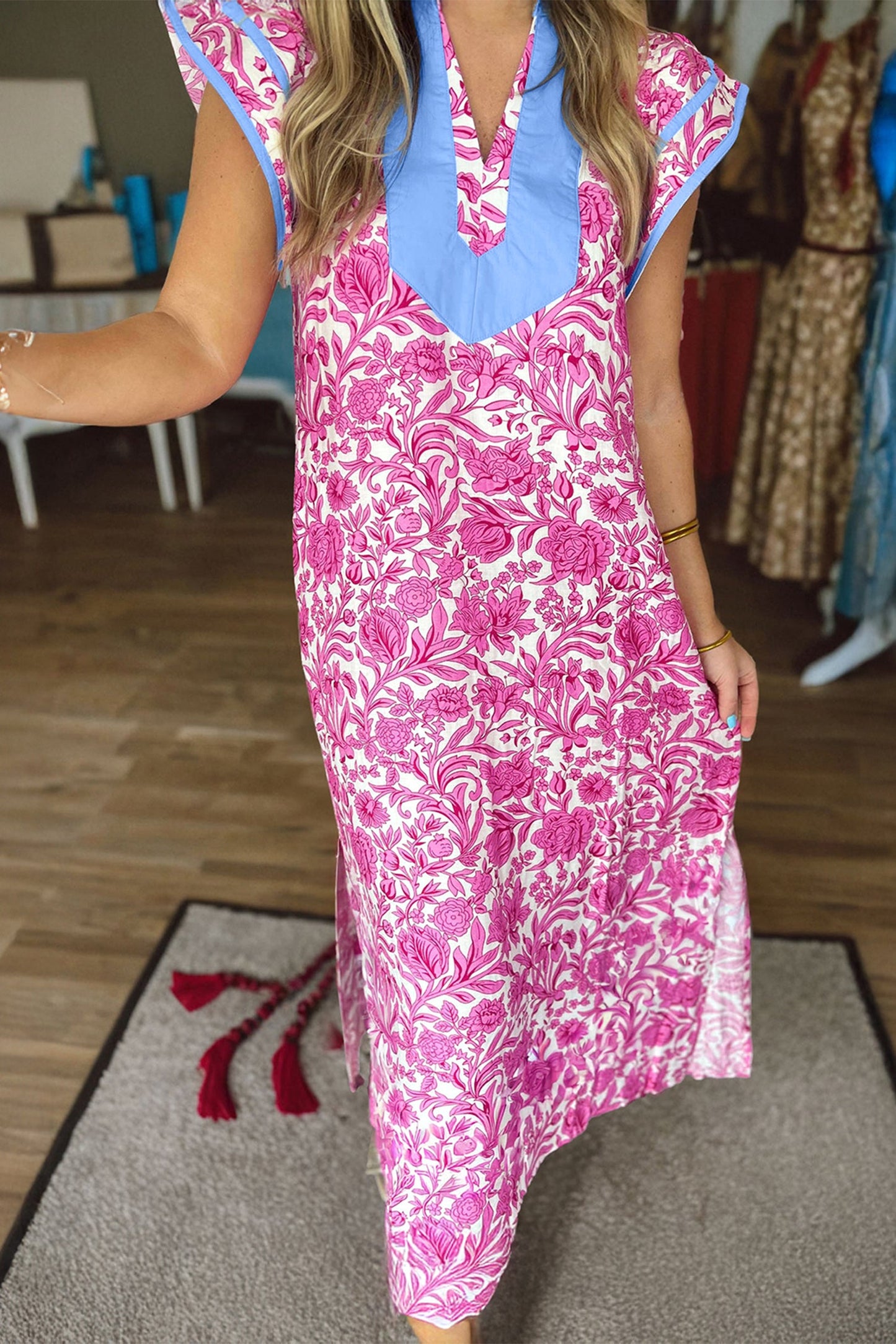 Floral Colorblock Patchwork V-Neck Midi Dress
