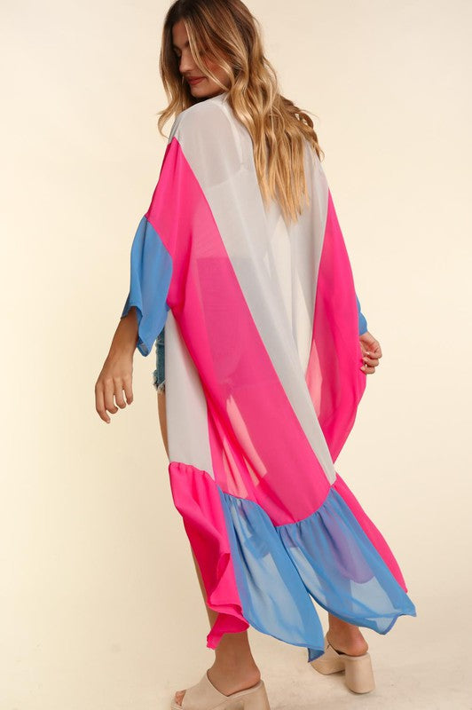 Color Block Kimono Maxi Open Oversized Cardigan