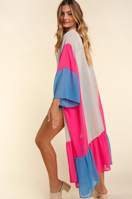 Color Block Kimono Maxi Open Oversized Cardigan